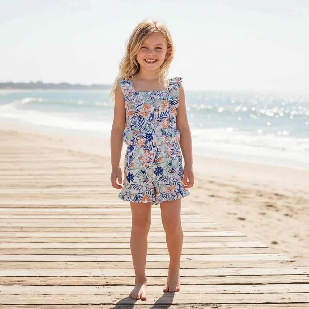 NWT Polo‎ Ralph Lauren Girls Tropical Print Ruffled Romper Multi-Color Summer